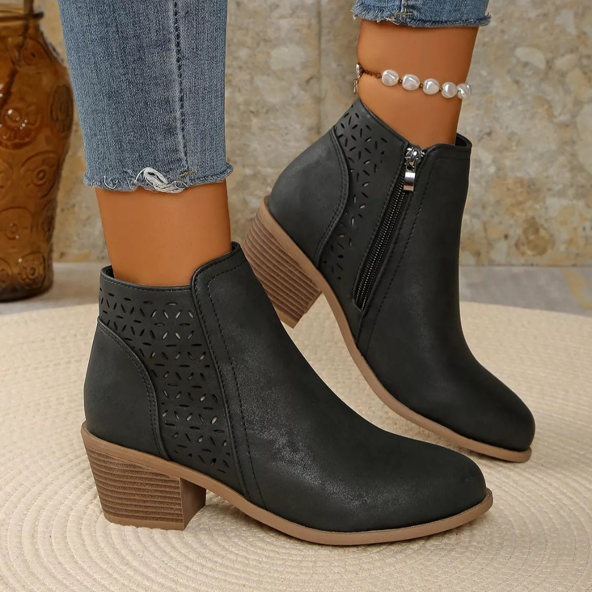 Point toe block heel boots back heel view
