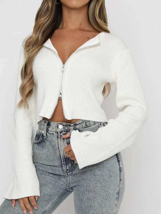Ribbed Zip-Up Cropped Cardigan White - Fashorio