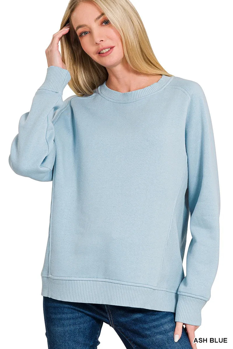 Zenana Fleece Round Neck Ribbed Side Raglan Sweatshirt - Fashorio