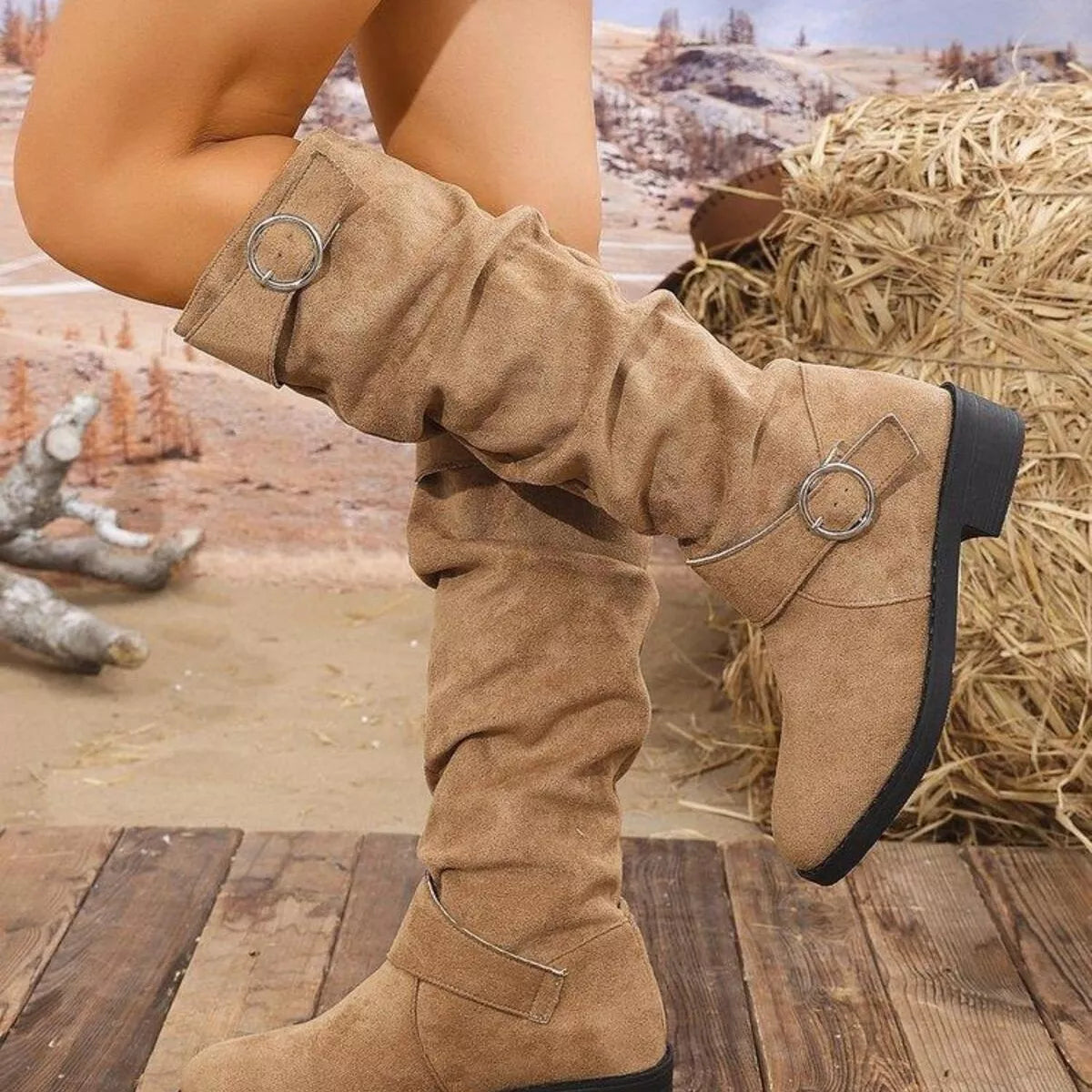 Suede slouch boots toe close up