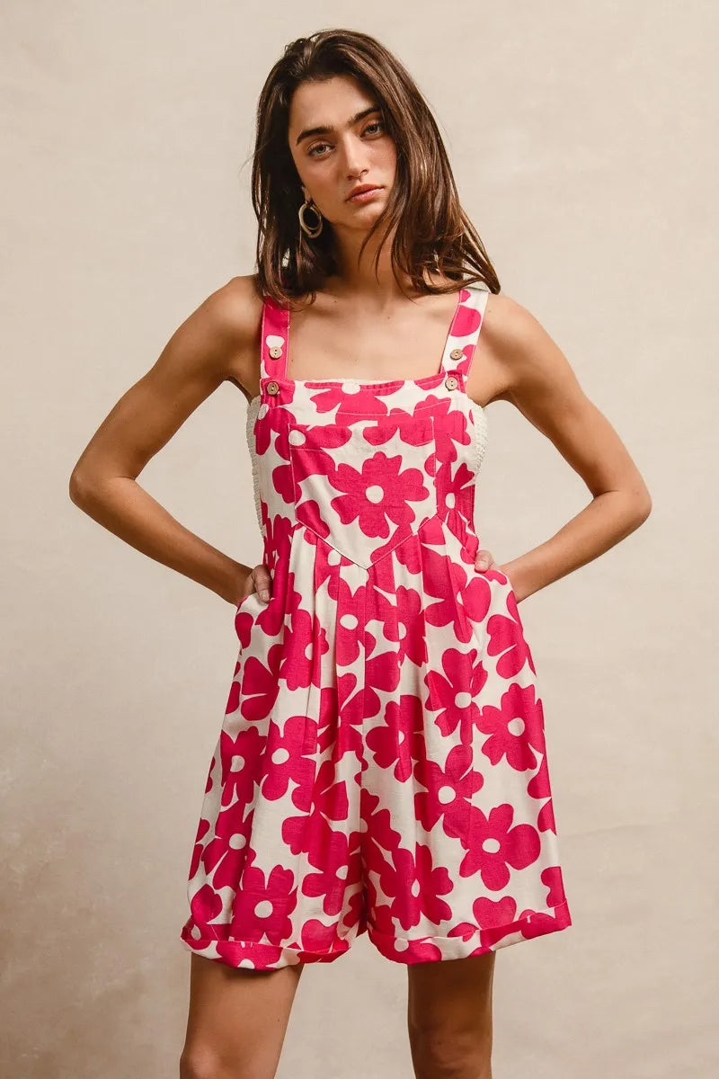 BiBi Floral Prints Tuck Detail Short Overall With Pockets - Fashorio
