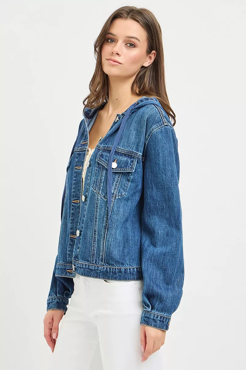 Medium wash hooded denim jacket detail view