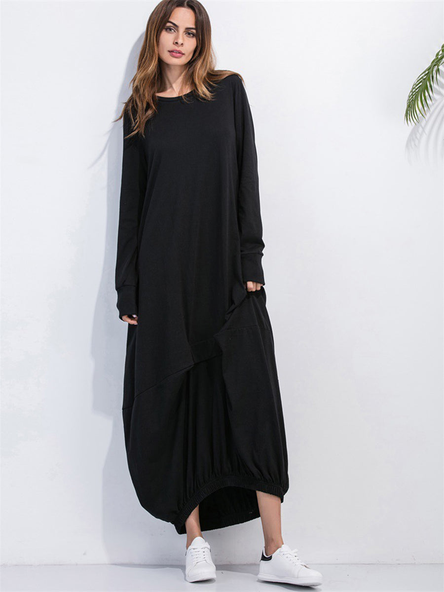 Full Size Round Neck Long Sleeve Sweatshirt Dress Black - Fashorio