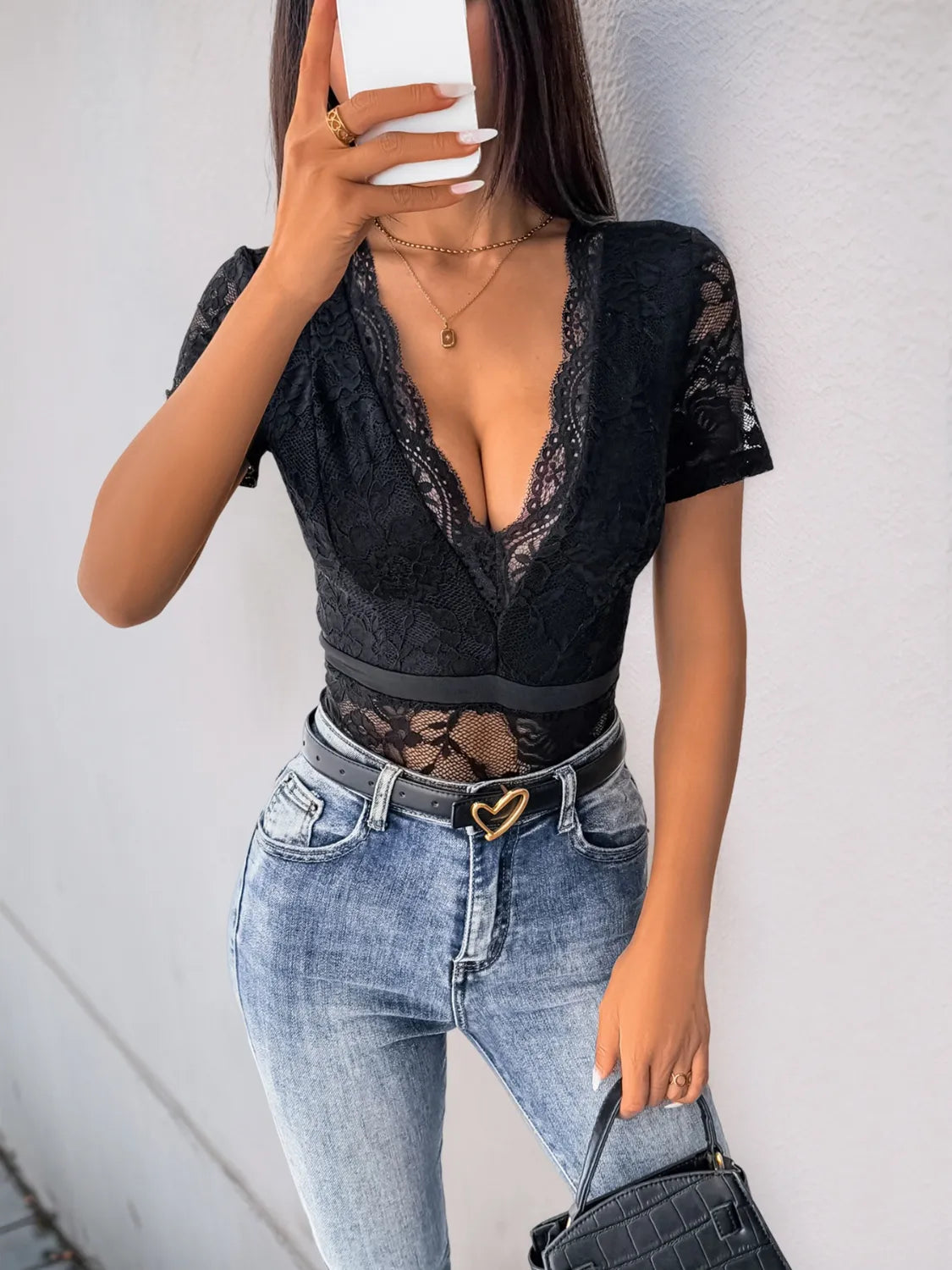 Lace Plunge Short Sleeve Bodysuit - Fashorio