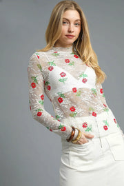 Umgee Floral Mock Neck Long Sleeve Sheer Top White - Fashorio