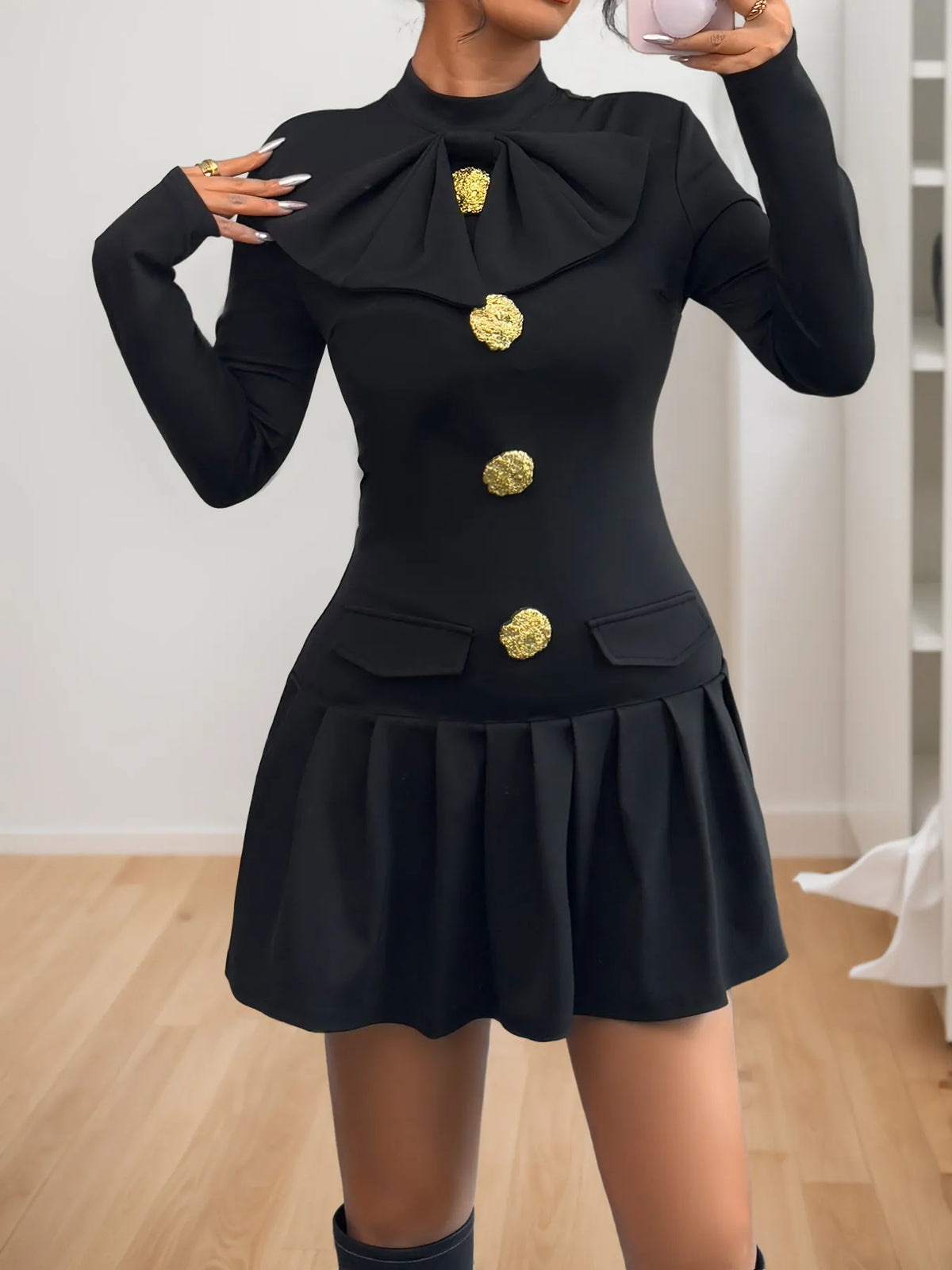 Black button mock neck long sleeve mini dress back view