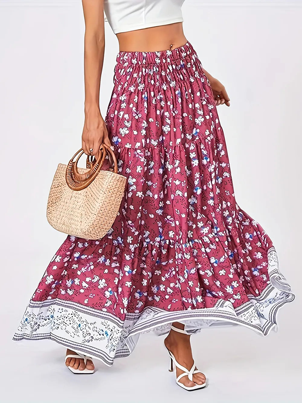 Cerise printed maxi skirt styling