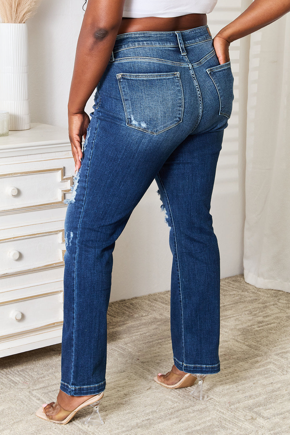 Judy Blue Mid Rise Hand Sand & Destroy Bootcut Jeans – Full Size - Fashorio