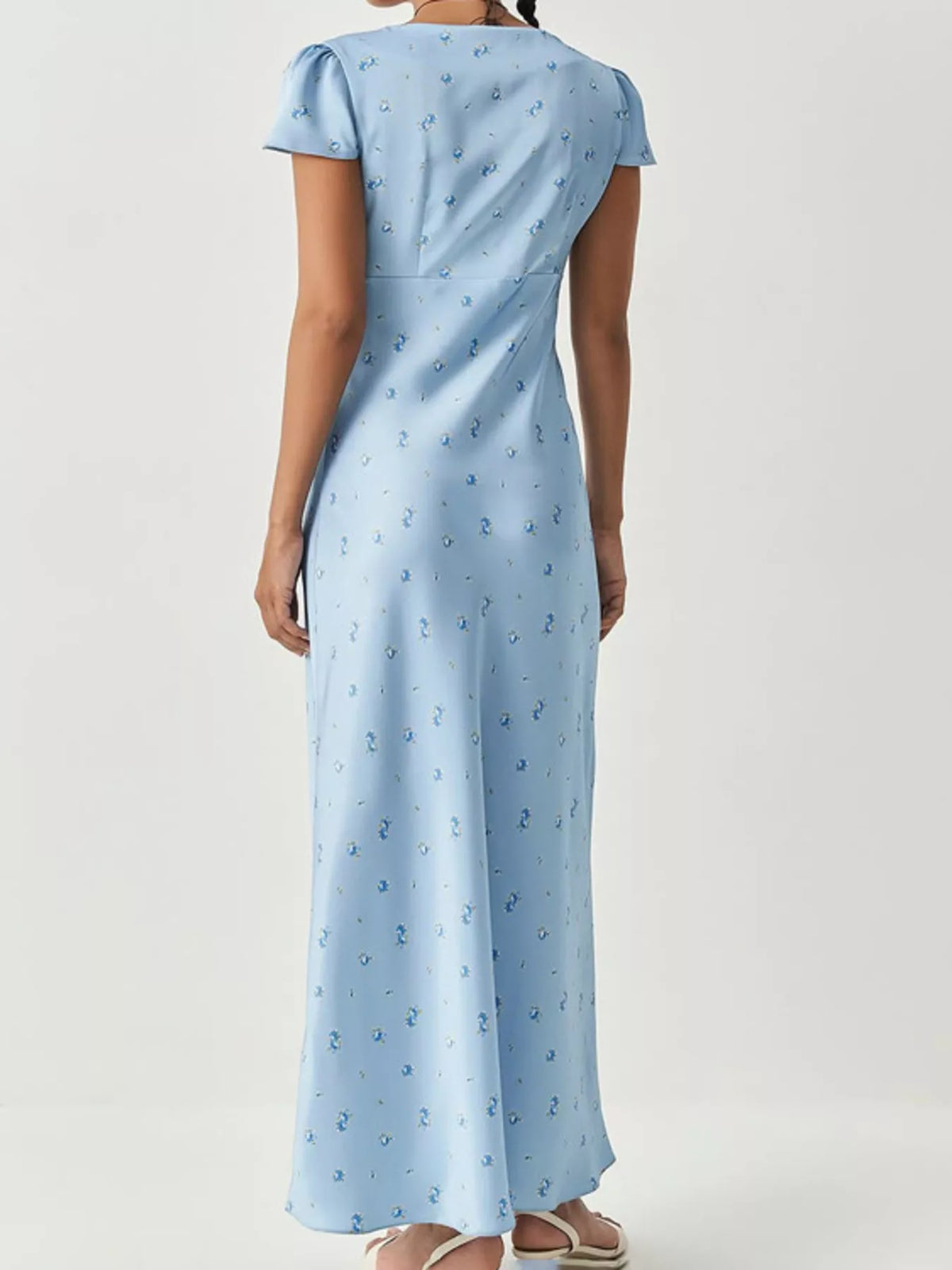 Front view of the light blue V neck maxi dress