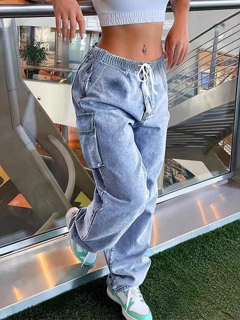 High waisted drawstring cargo jeans front view