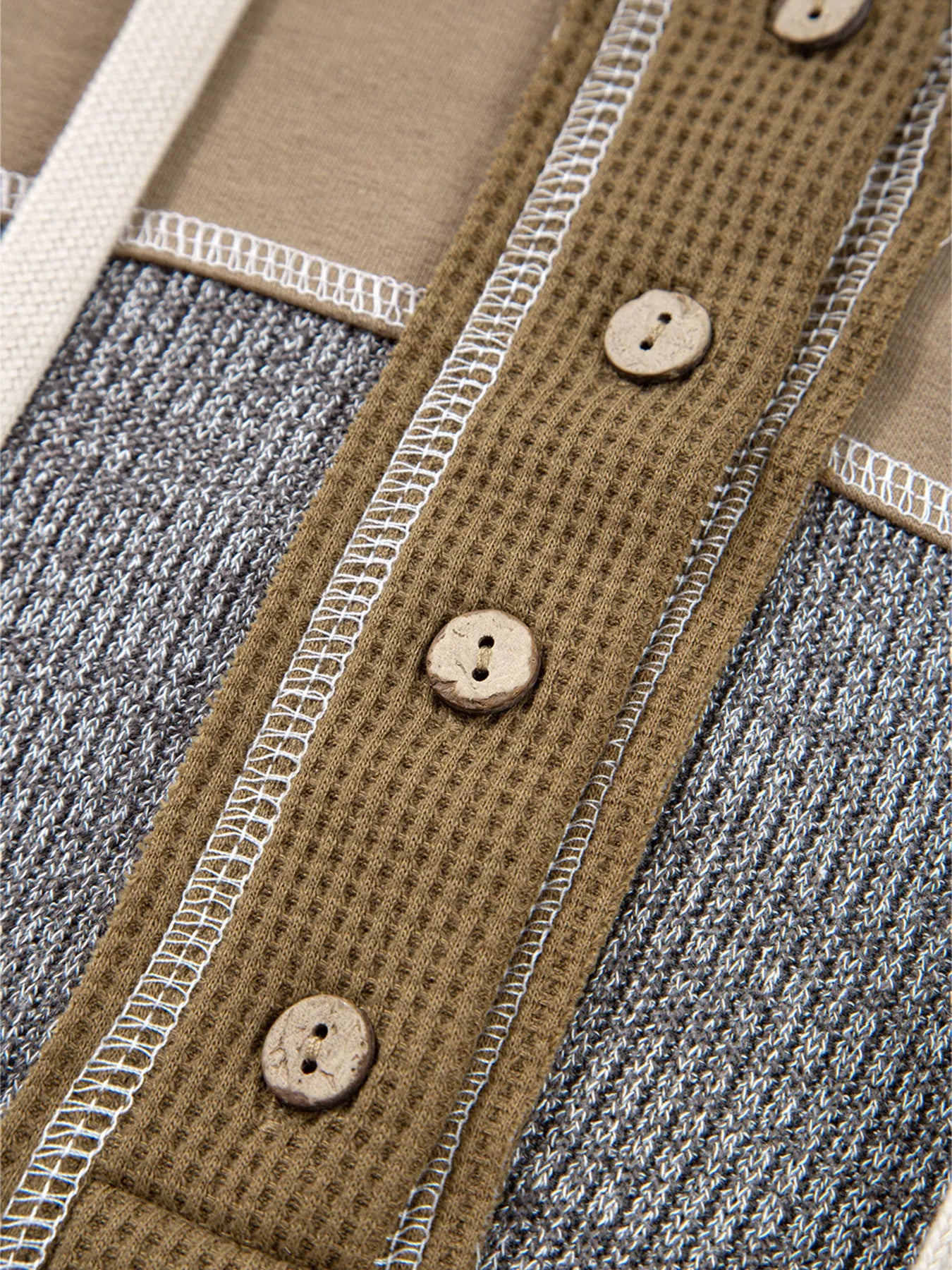 Mixed Texture Patchwork Exposed Seam Half Button Hoodie - Fashorio