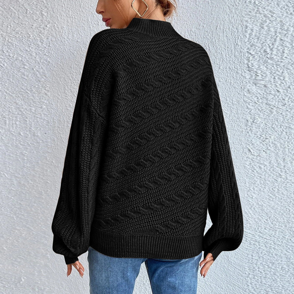 Cable-Knit Mock Neck Long Sleeve Sweater - Fashorio