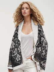 Open Front Long Sleeve Graphic Cardigan Black One Size - Fashorio
