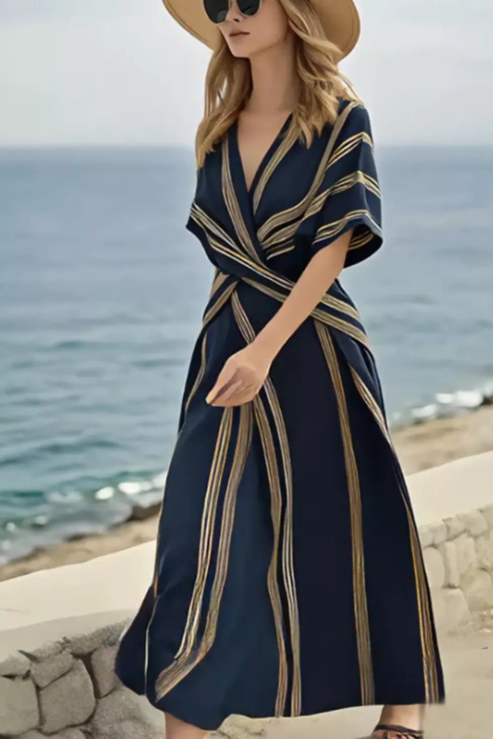 striped wrap half sleeve maxi dress styled look