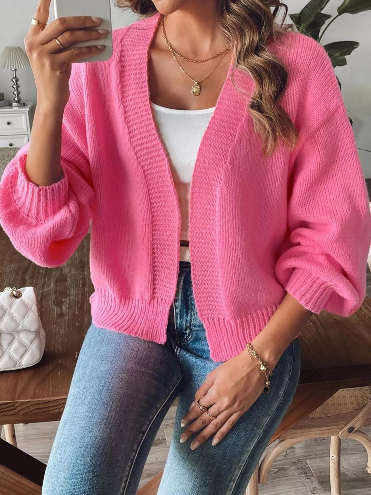 open front dropped shoulder cardigan sleeve and cuff detail