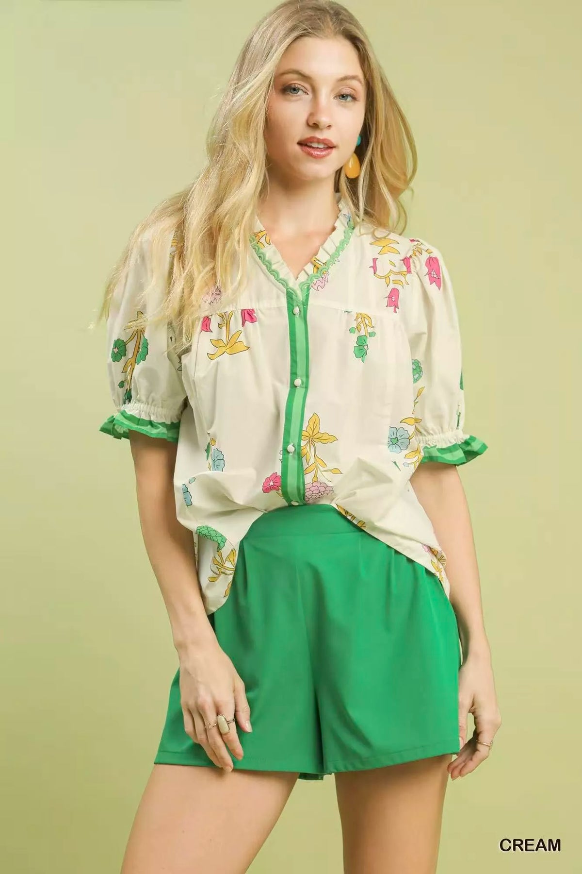 Cream Umgee petal print button down cotton blouse front view