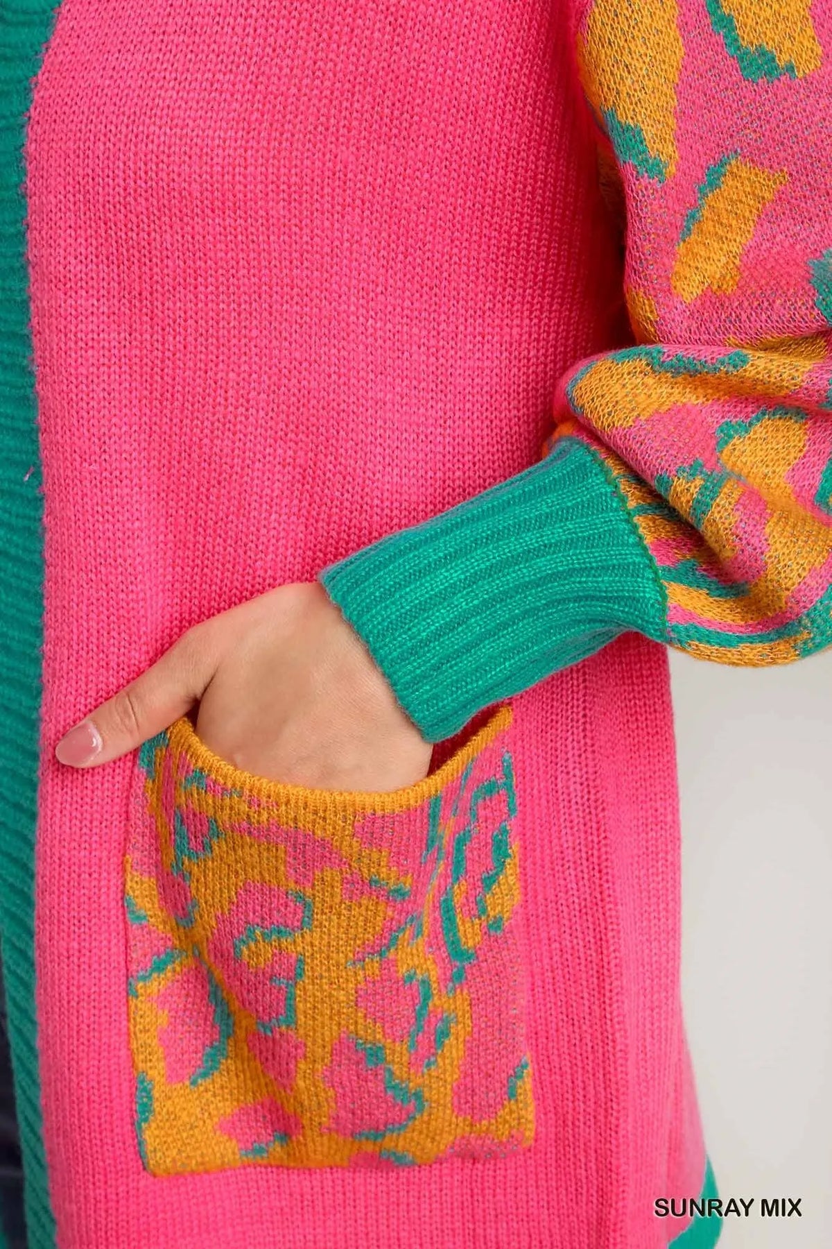 Animal Print Open Front Cardigan in Sunray detail