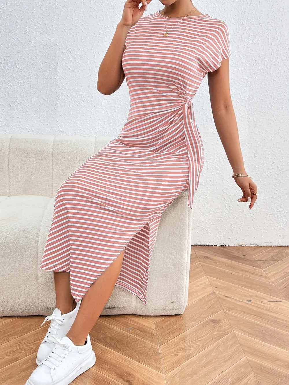 striped round neck short sleeve tee dress walking shot