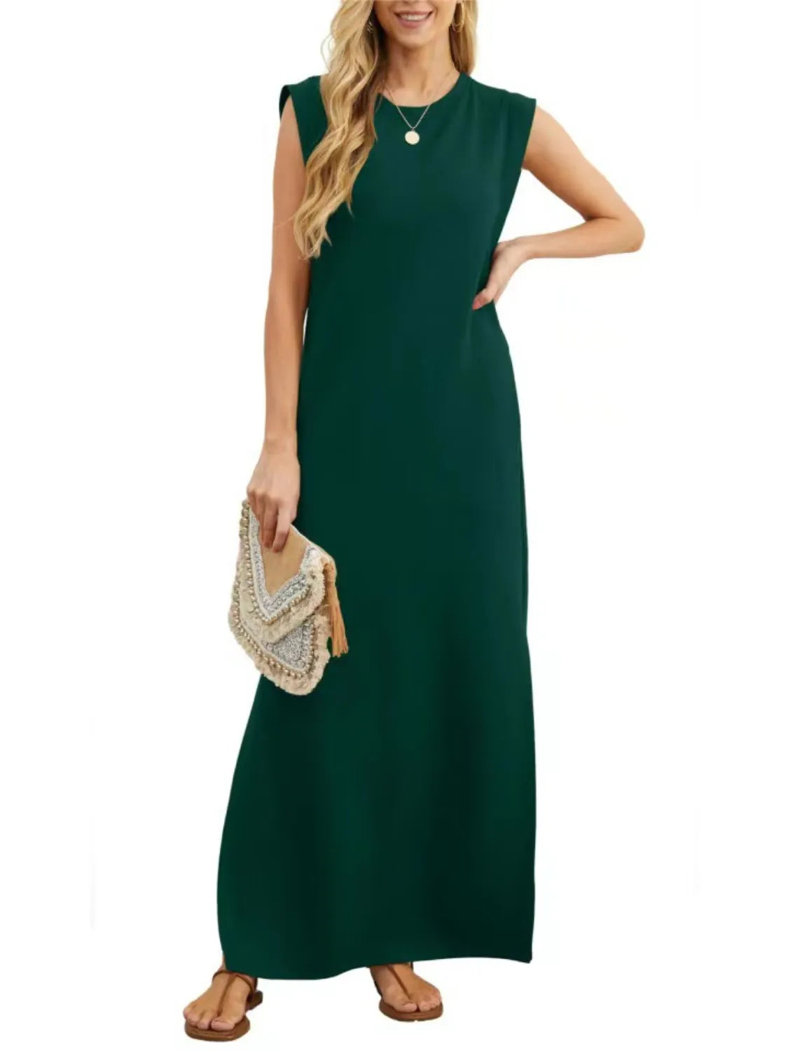 Slit Round Neck Sleeveless Maxi Tank Dress full length view