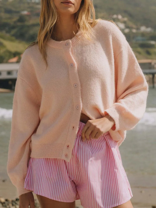 Button Down Long Sleeve Cardigan Watermelon pink - Fashorio