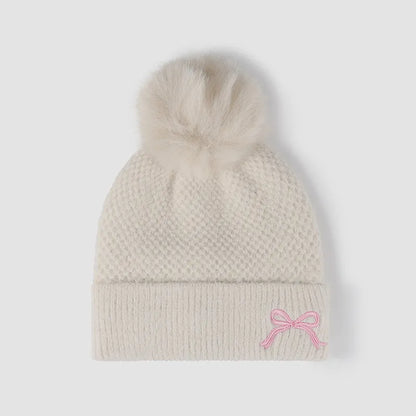 Thermal Bow Knit Hat with Pompom Beige One Size - Fashorio