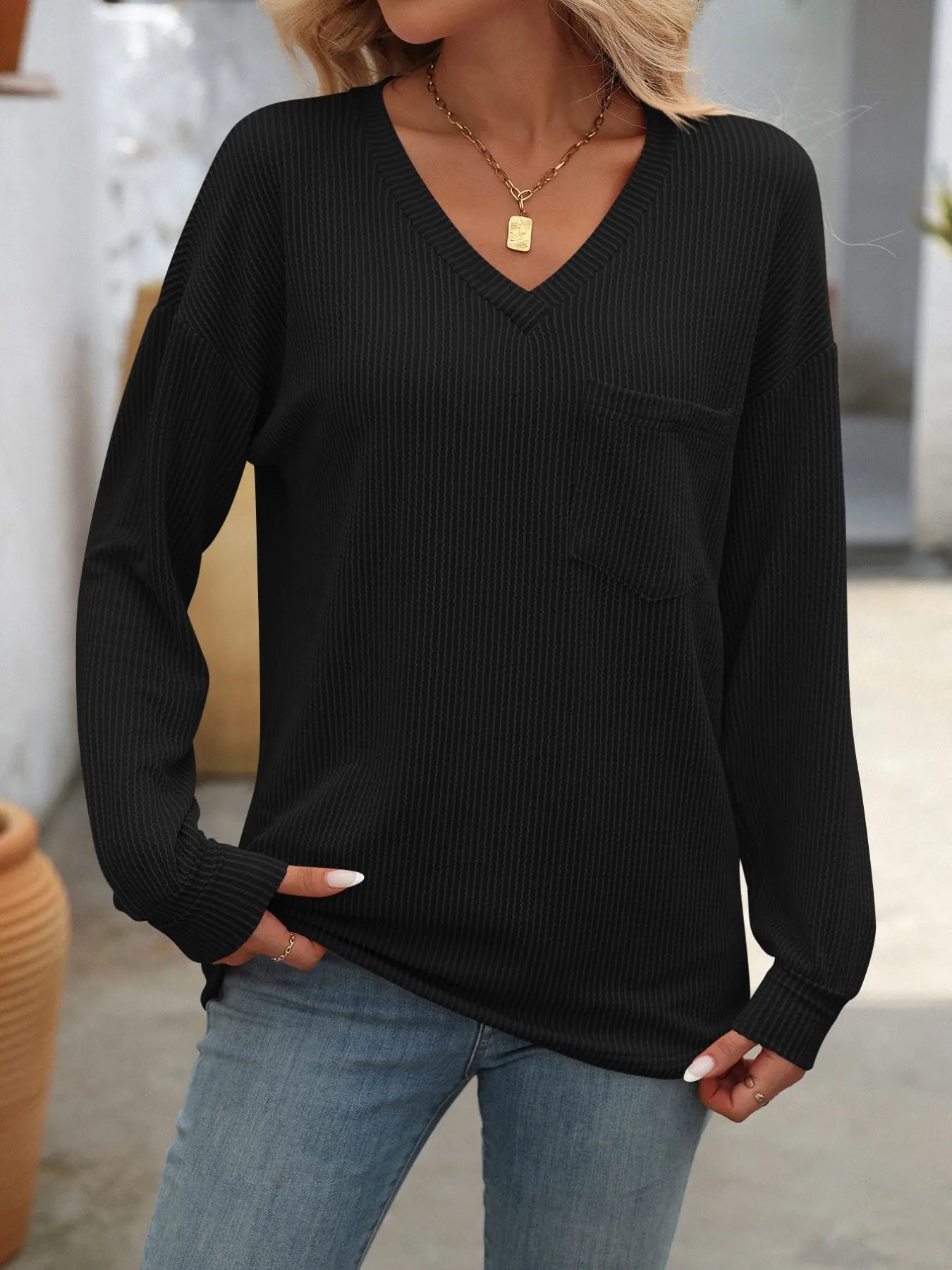 Ribbed V-Neck Long Sleeve T-Shirt - Fashorio