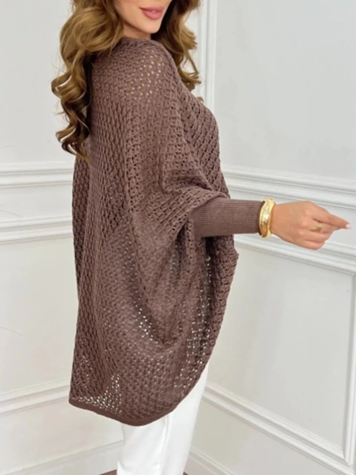 Crochet V-Neck Batwing Sleeves Oversized Sweater - Fashorio