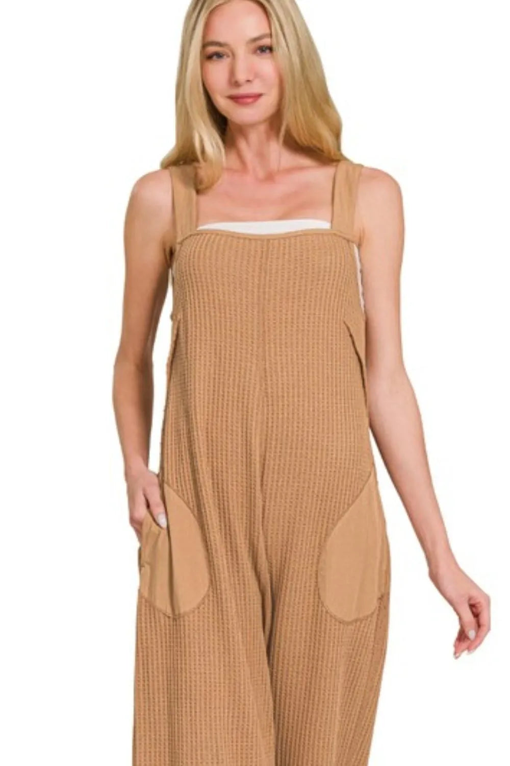 Knit Waffle Wide Leg Overalls side view
