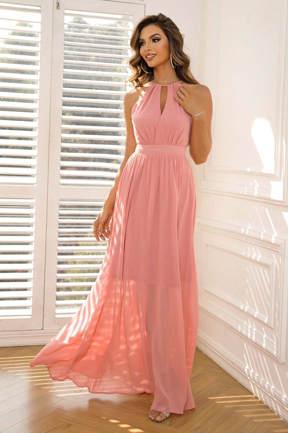 Coral sleeveless maxi dress full length side view