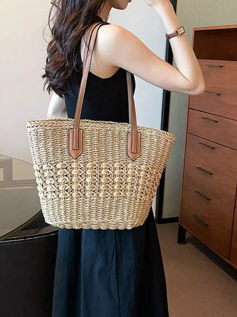 Woven wicker straw shoulder bag front view