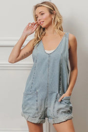 BiBi Folded Hem Vintage Washed Denim Overalls Light - Fashorio