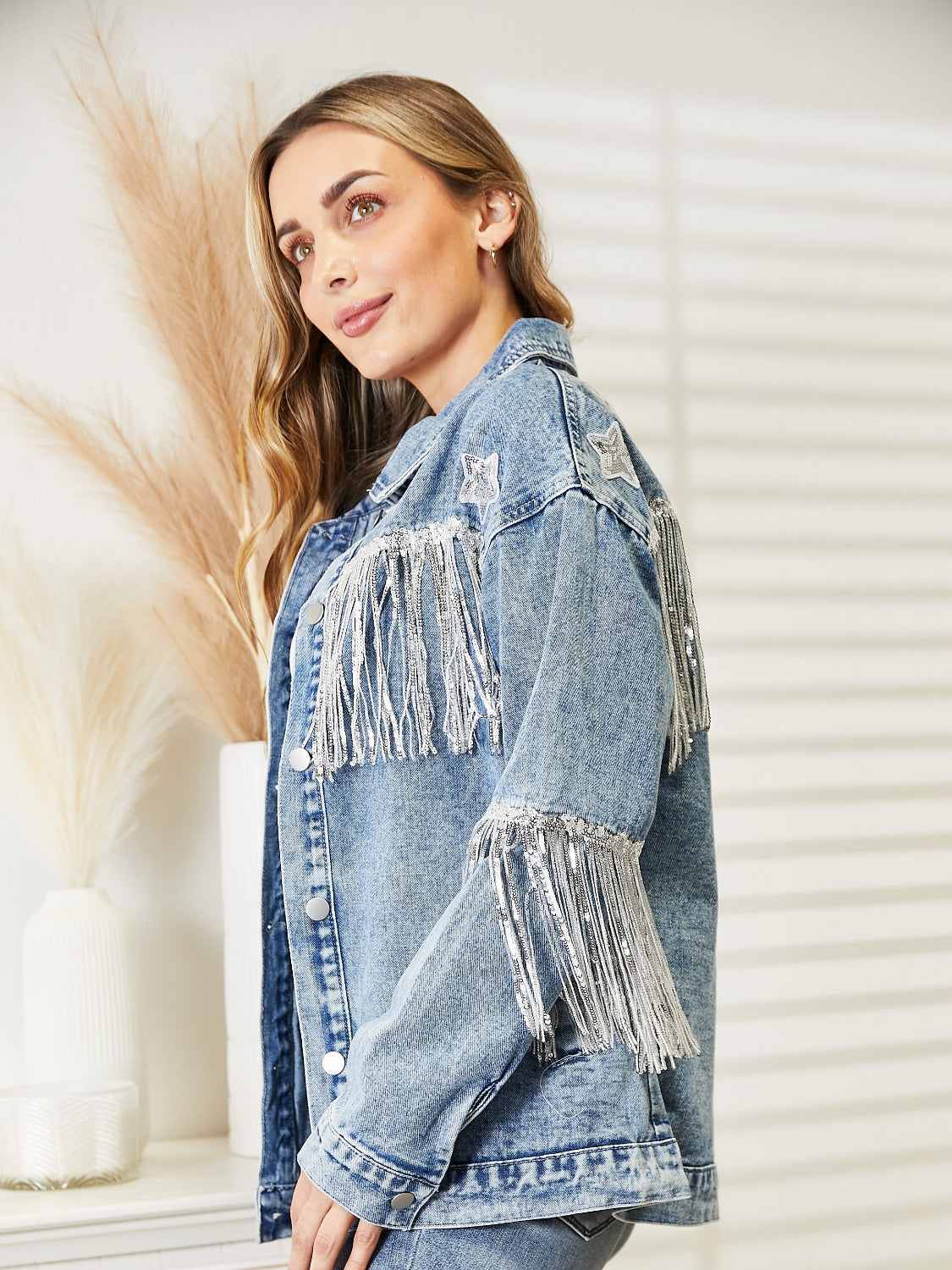 Fringe Detail Long Sleeve Denim Jacket - Fashorio