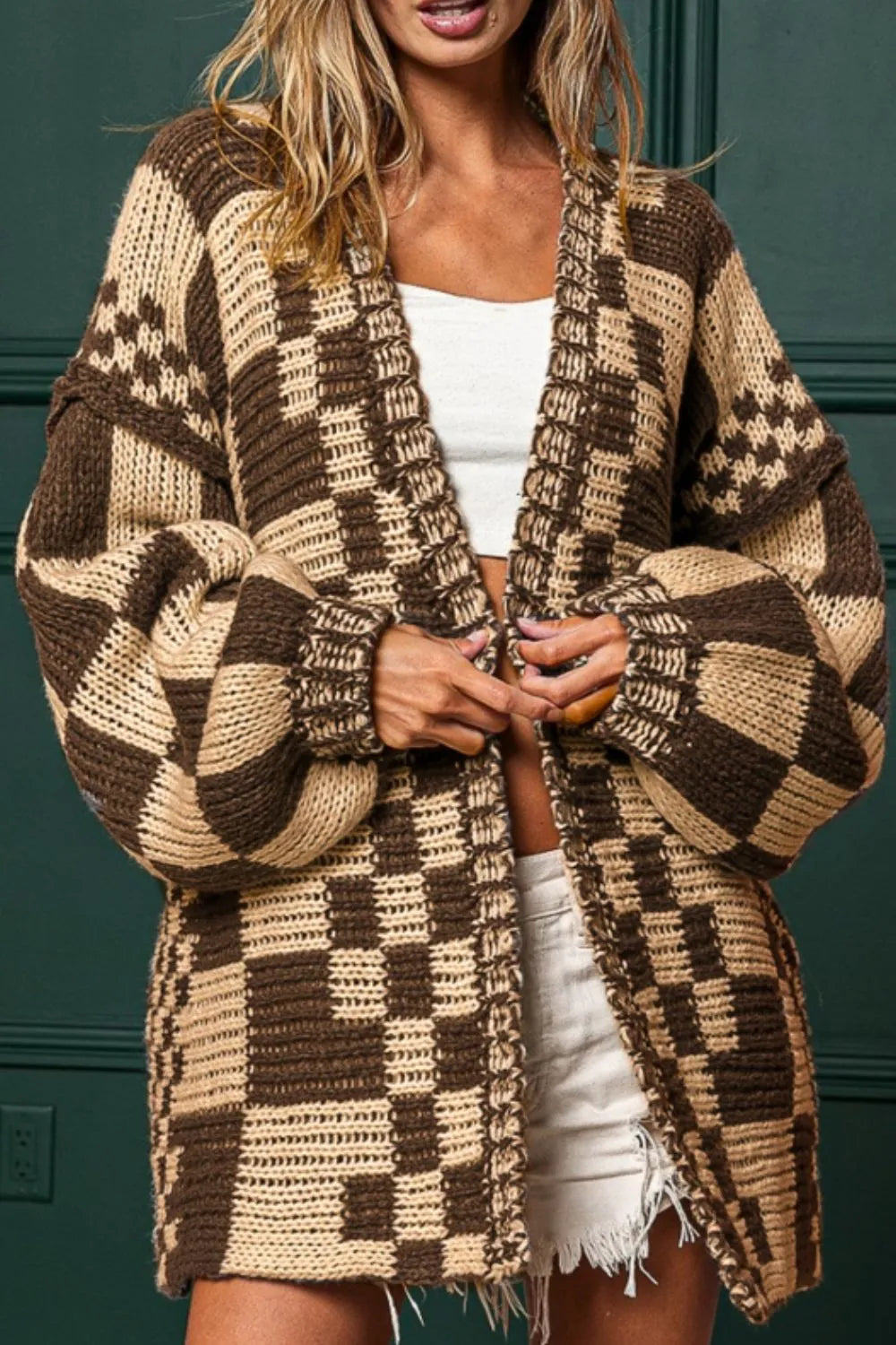 Checkered Open Front Long Sleeve Cardigan - Fashorio