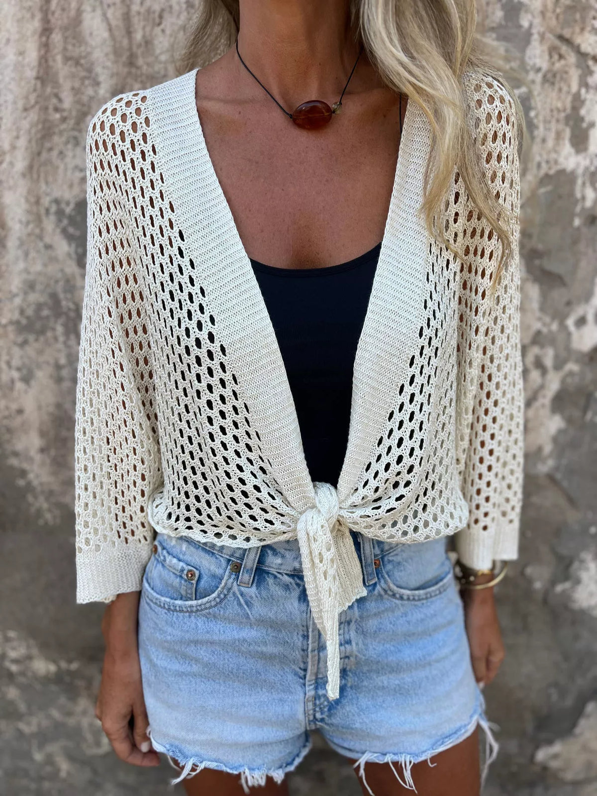Tie front crochet knit cover up front view