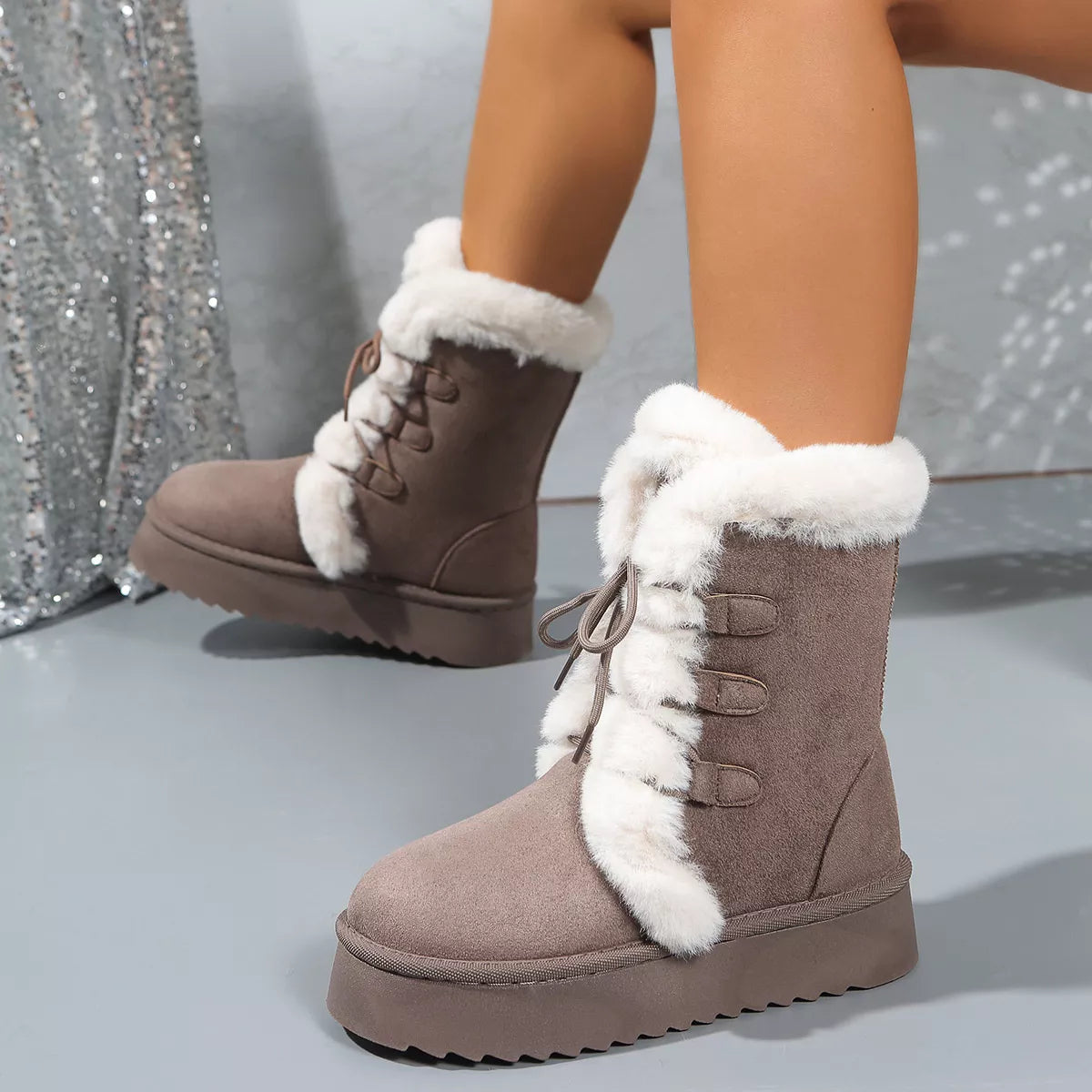 Fuzzy Trim Lace Up Platform Boots styled on model