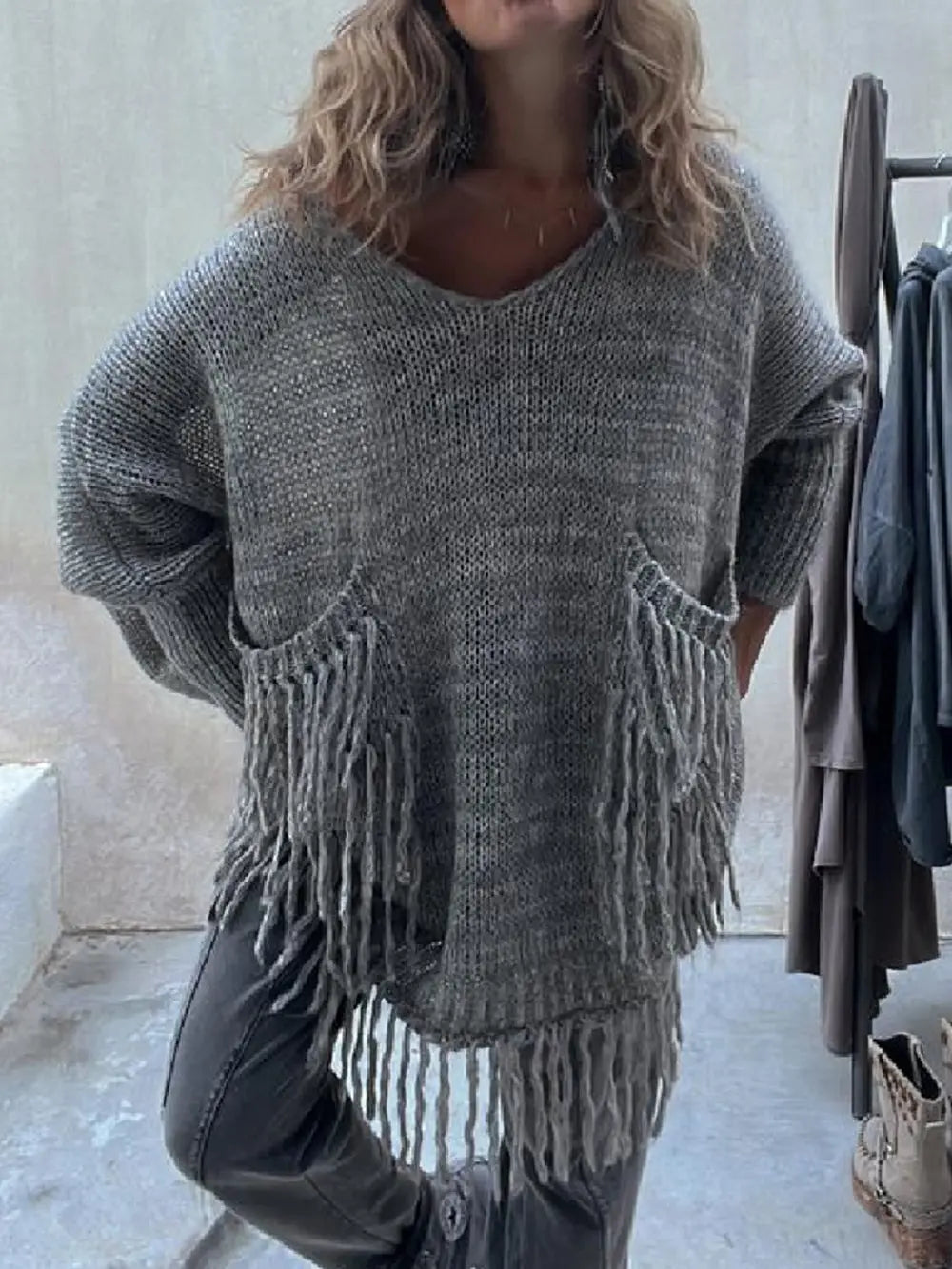 Fringe Detail Long Sleeve Sweater with Pockets - Fashorio