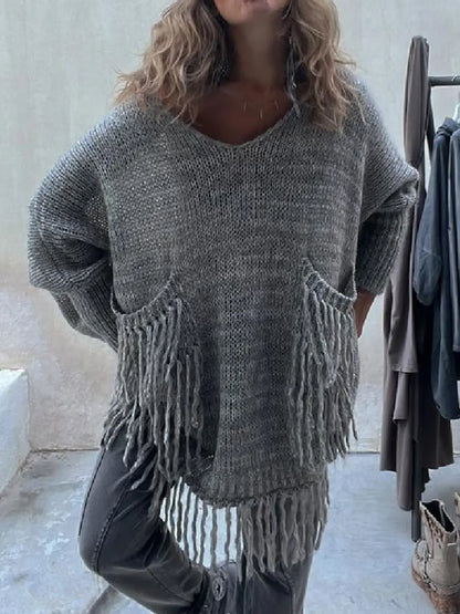 Fringe Detail Long Sleeve Sweater with Pockets - Fashorio