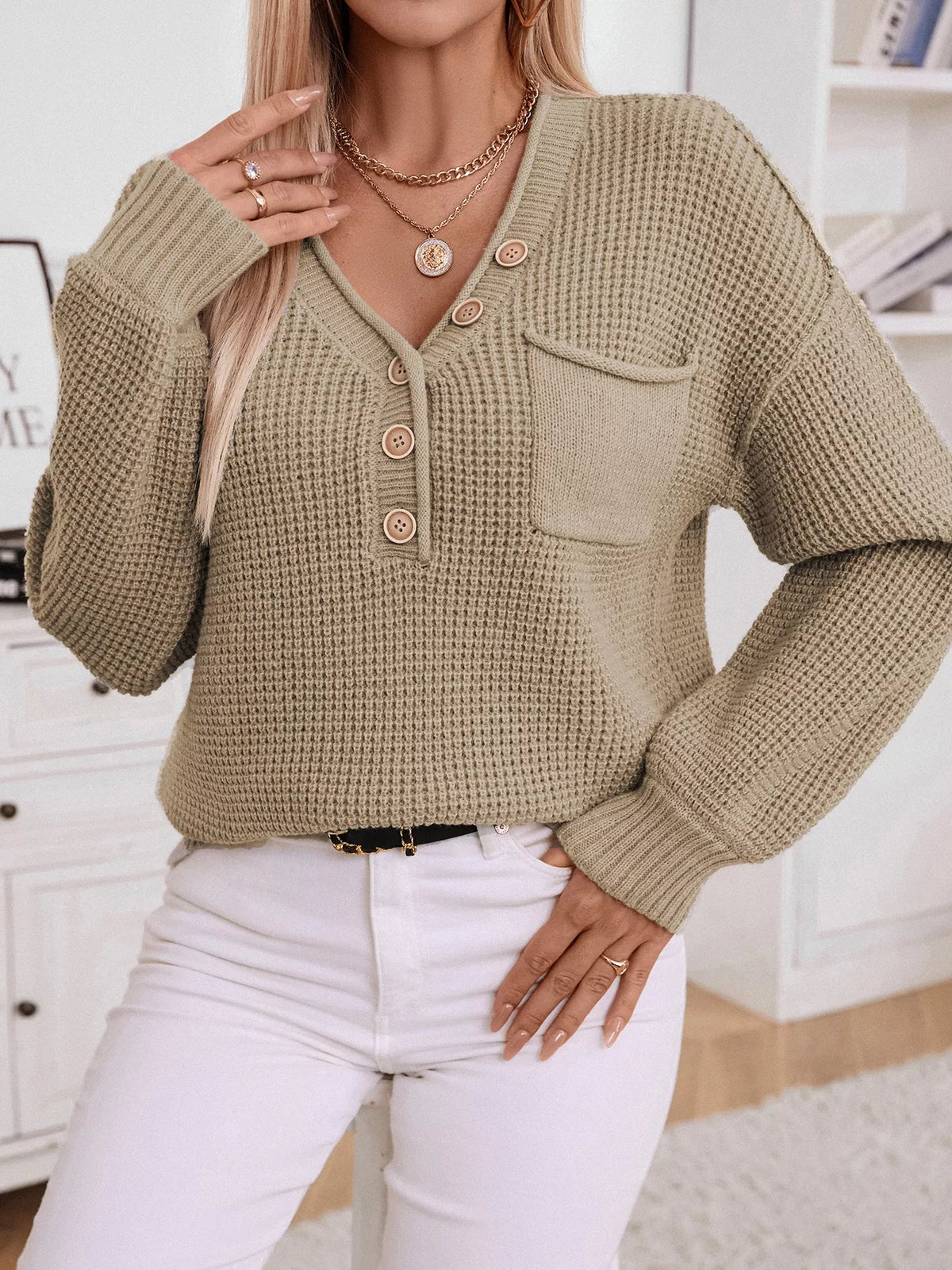 button detail long sleeve sweater neckline detail