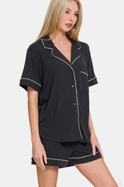 Zenana Button Down Short Sleeve Top and Shorts Lounge Set - Fashorio