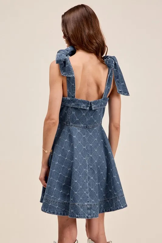 SO ME A Line Fit and Flare Diamond Bow Ribbon Denim Dres - Fashorio