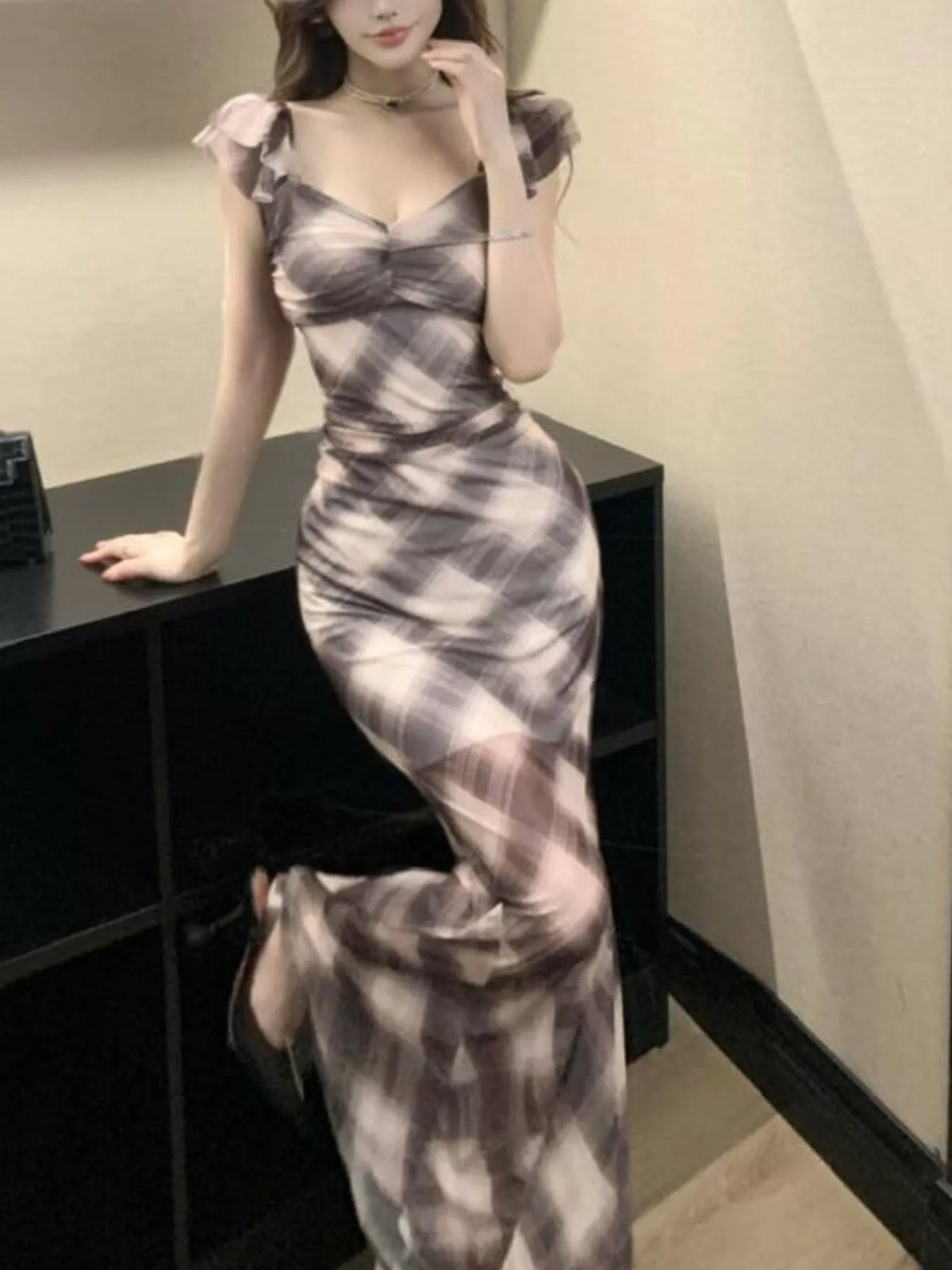 Plaid ruffle cap sleeve bodycon dress styled view
