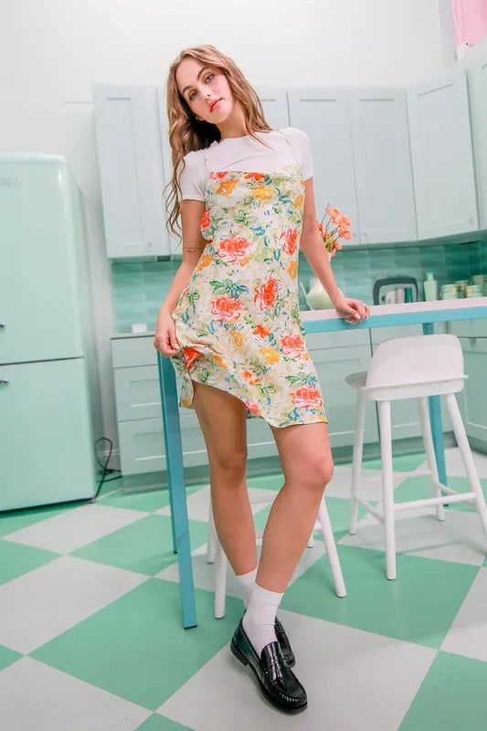 Floral Cowl Neck Flirty Satin Mini Dress close up