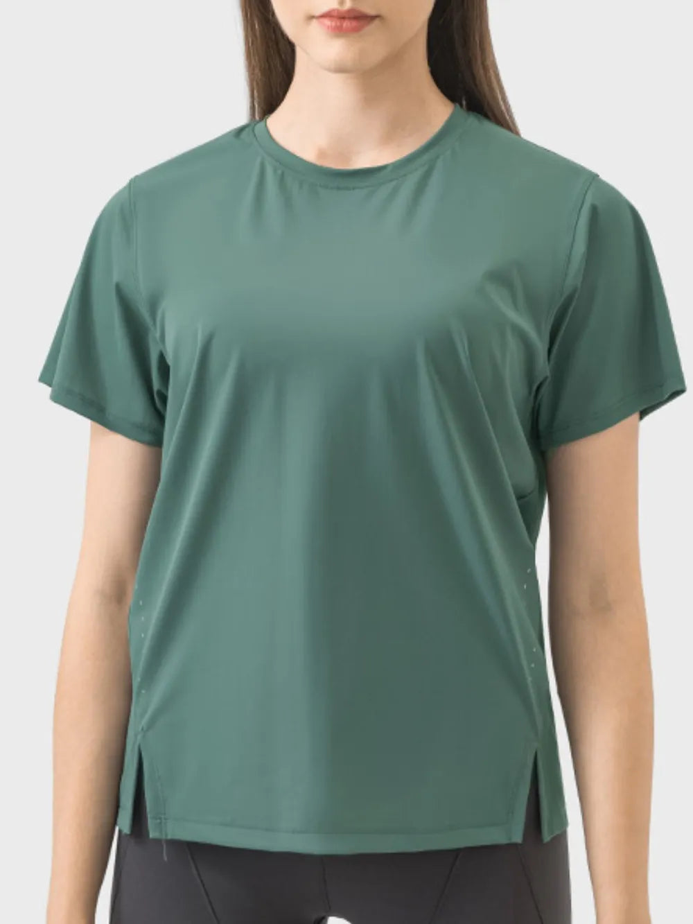 Slit round neck short sleeve active tee front view
