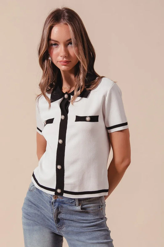 SO ME Button Down Knitted Sweater Shirt Top IVORY BLACK - Fashorio