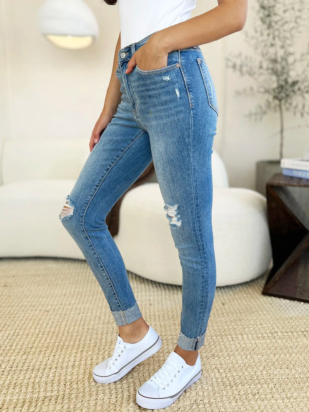 Judy Blue Mid Rise Distressed and Cuff Skinny Jeans view 7