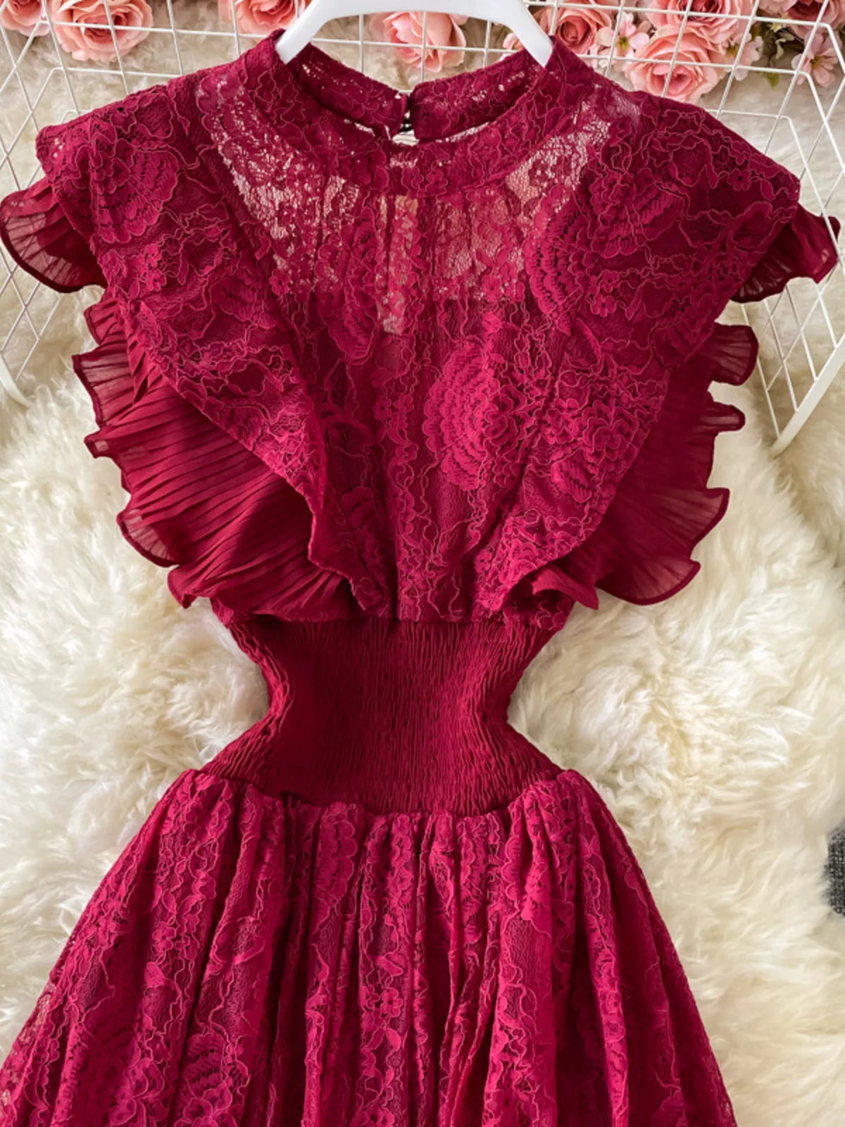 Ruffled mock neck lace maxi dress, styled look