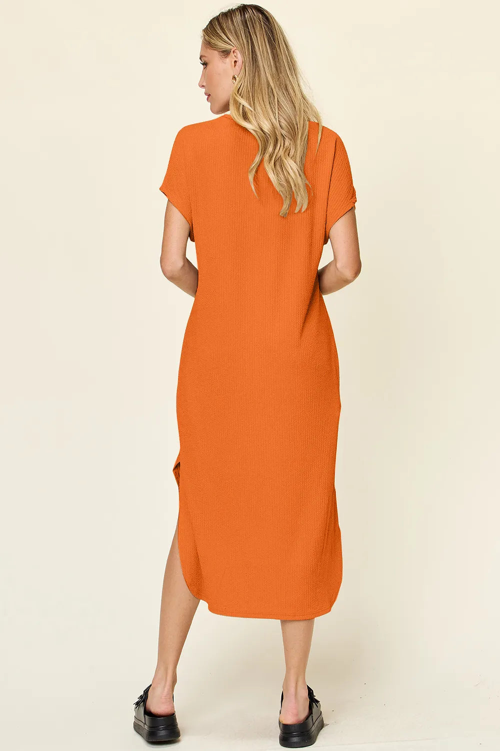 Double Take Full Size Round Neck Short Sleeve Slit Dress - Fashorio