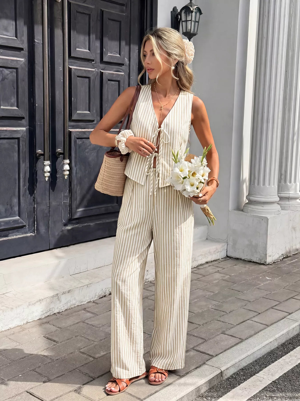 Striped vest and wide leg pants two piece set front view