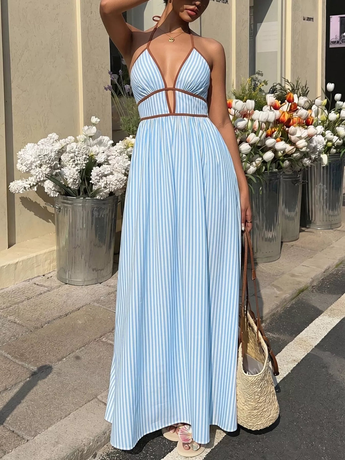 Blue striped halter maxi dress tie neck detail