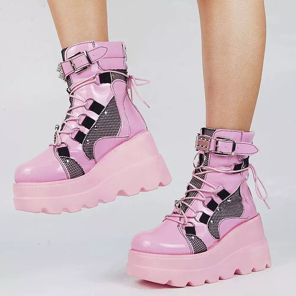 Lace up platform wedge boots three quarter angle
